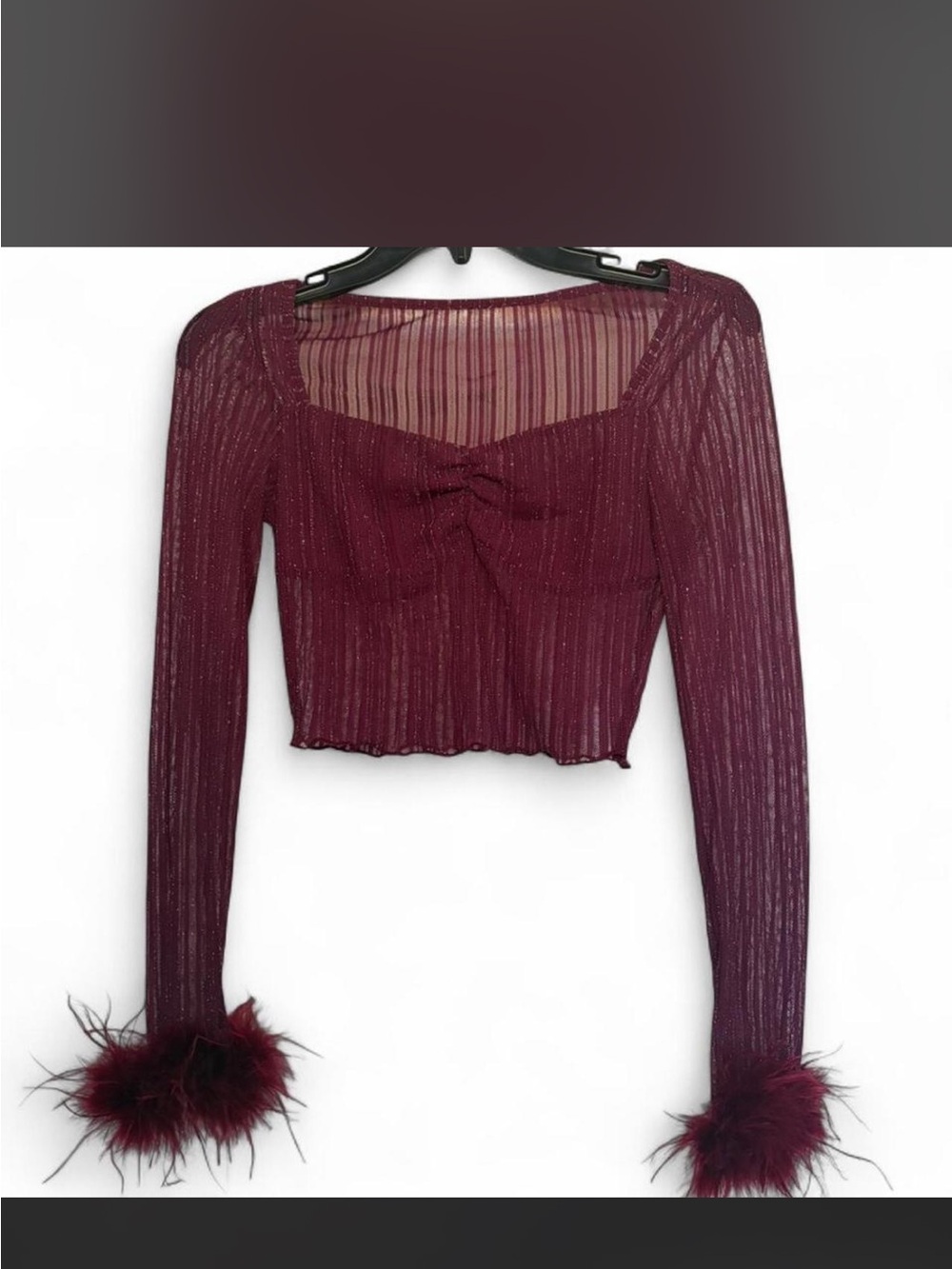 Women's Maroon Sheer Long-Sleeve Crop Top with Feather Cuffs